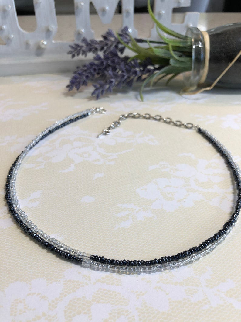 Black Clear Beads Choker Necklace Two Strands