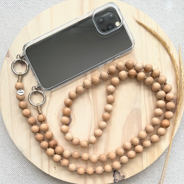 Sangle pour téléphone avec perles en bois de hêtre • COURROIE DE TÉLÉPHONE UNIQUEMENT • Bandoulière pour téléphone • Lanière pour téléphone • Lanière longue • Courroie pour sac • Accessoires pour hommes •