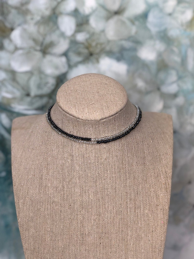 Black Clear Beads Choker Necklace Two Strands