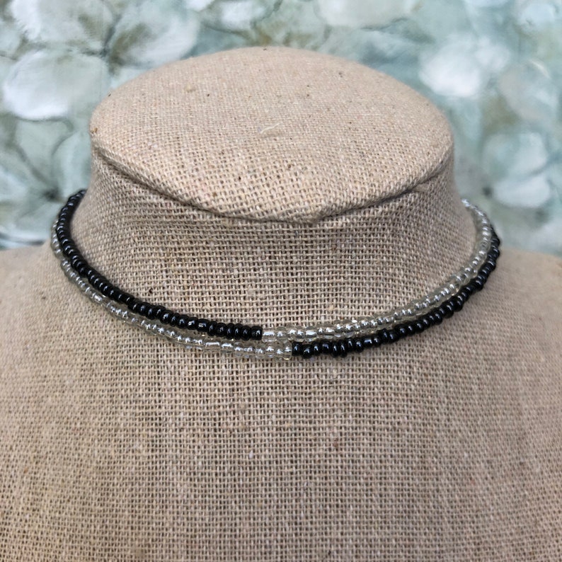 Black Clear Beads Choker Necklace Two Strands