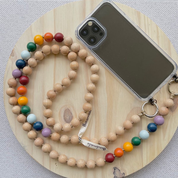 Rainbow Wooden Beads  Phone Strap•Rainbow Crossbody Phone Strap•Rainbow Phone Lanyard•Rainbow Crossbody Phone Lanyard•Unique Gift•