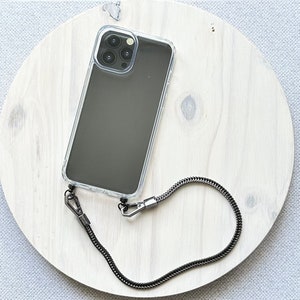 Correa para teléfono • Pulsera para teléfono con cadena metálica negra • Cadena para teléfono • Correa para teléfono • Correa de cadena metálica