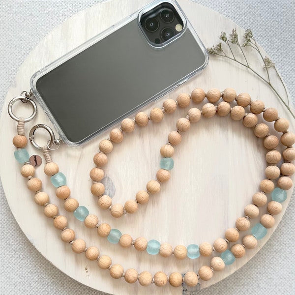 Handmade Recycled Glass Beads and Beech Wooden Beads Phone Strap•Crossbody Phone Strap•Phone Lanyard•Long Lanyard•Bags Strap•