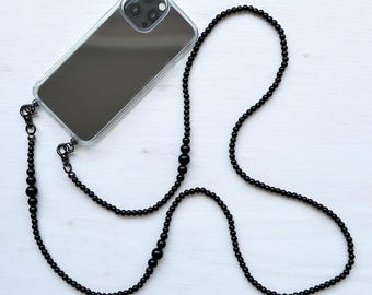 Black Quartz Beaded Phone Strap • Crossbody Lanyard, Lightweight Nylon Cord