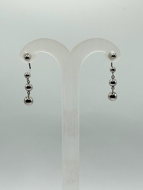 14K Solid White Gold Triple Sphere Dangle Earring… - image 1