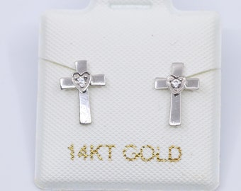 14 Karat White Gold Small Cross Earrings - 14K Gold - LC68