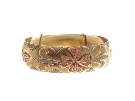 Engraved Flowers & Leaves 14k Gold Bangle Bracelet - Three-Tone Gold