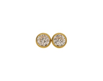 Attractive 14k Solid Gold White Cubic Zirconia Stud Earrings - 14k Solid Yellow Gold - E1752