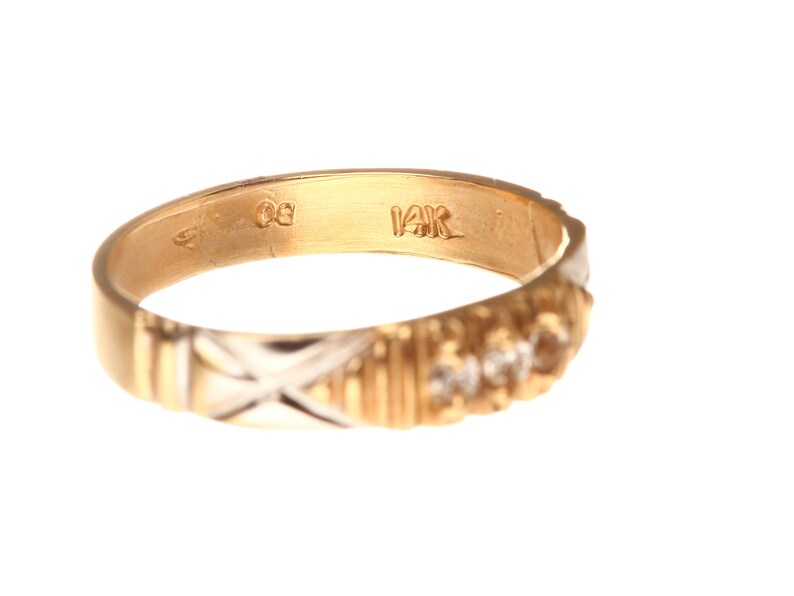 Vintage Three-Stone Channel Set Men Wedding Ring Cubic Zirconia Men/'s Wedding Ring R1179 14k Solid Yellow /& White Gold Sz 7