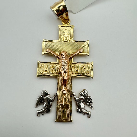 Elegant Three-Tone Solid Gold Caravaca Cross Pend… - image 1