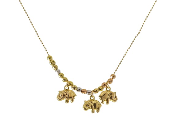 10k Gold Elephant Charm Necklace: Three-Tone Bead… - image 1