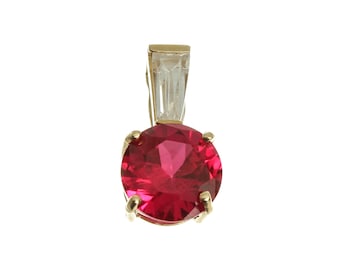 Vintage Round Cut Solitaire Red Gemstone Caged in 14k Gold Pendant - 14k Solid Yellow Gold - P1210