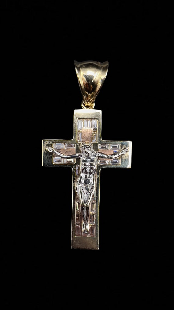 Charming 14K Solid Gold Tri-Tone Jesus Cross Relig