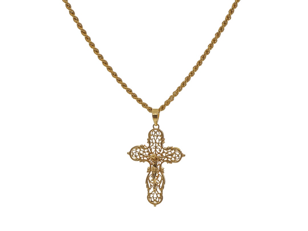 Fascinating 18k Solid Gold Long Rope Chain Necklace With Cross - Etsy