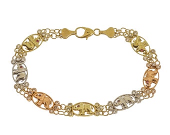 14k Solid Gold Elephant Bracelet – Yellow, Rose & White Gold, 7.3"