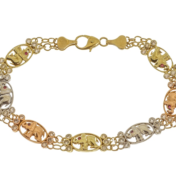 Unique 14k Solid Gold Three-Tone Elephant Design Link Chain Bracelet 7.3" - 14k Solid Yellow, Rose & White Gold - KL68