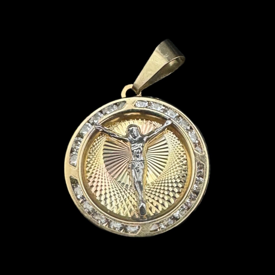 14k Gold Jesus Necklace - Tri Tone Round Gemstone Jesus Gold Pendant - Solid Chain - LE2257