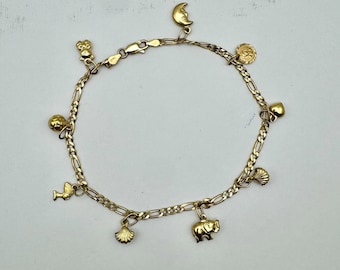 Solid 14K Yellow Gold Figaro Bracelet with Cute Design - 14K Yellow Gold - MG41  /  W