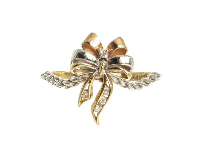 14k Solid Three-Tone Gold R1512 Vintage Feminine Tri Colors Bow With Rope Design Band And Multiple White Round Cut Gemtsones Ring Sz 7