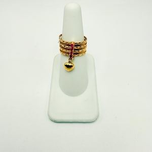 Vintage 14k Gold Semanario Ring, 7 Stacked Bands, Red Stone Bar, Dangling Heart Charm, Diamond-Cut Texture, Size 7
