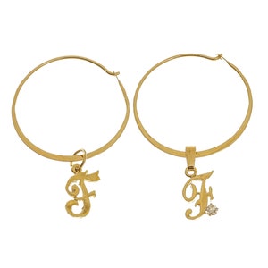 Appealing 14k Solid Gold Letter &#39;F&#39; Hoop Earrings - 14k Solid Yellow Gold - KF84