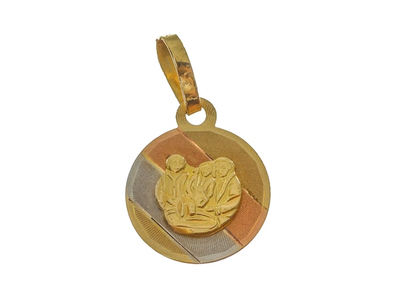 14k Solid Gold Family Engraved Pendant - Tricolor Circle Charm