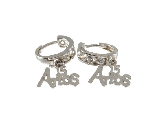 Adorable 14k Solid White Gold '15 Anos' Hoop Earr… - image 3