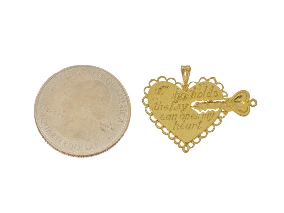 14k Solid Gold Heart Key Pendant - Engraved Love Quote View 4