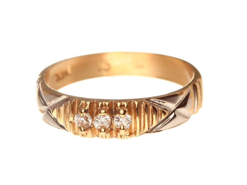 Vintage Three-Stone Channel Set Men Wedding Ring Cubic Zirconia Men/'s Wedding Ring R1179 14k Solid Yellow /& White Gold Sz 7