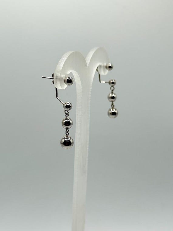 14K Solid White Gold Triple Sphere Dangle Earring… - image 2