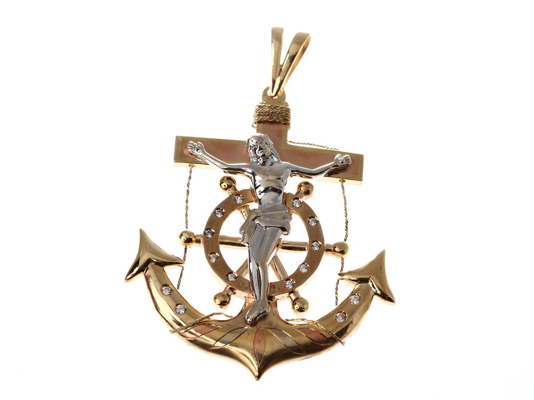 Threetone Anchor Jesus Pendant With Multi Cubic Zirconia Etsy