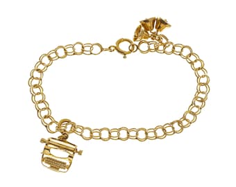 Appealing 14k Solid Gold Bell Charm Double Link Chain Bracelet 7.4" - 14k Solid Yellow Gold - KL84