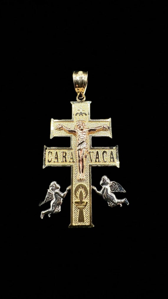 Three Tone 14K Gold Caravaca Cross Pendant - 14K G