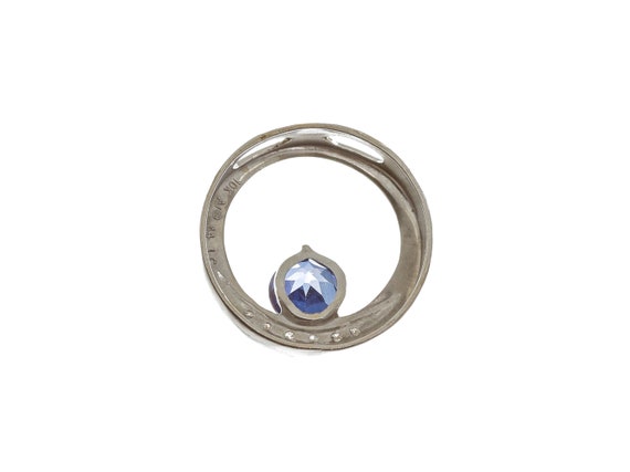 10k White Gold Circle Pendant: Blue Gemstone, 18.… - image 2
