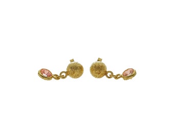 Vintage 14k Solid Gold Fashion Design Stud Earrings with Pink Cubic Zirconia - 14k Solid Yellow Gold - E1753