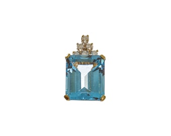 Appealing 14k Solid Gold Rectangle-Cut Large Blue Gemstone Pendant - 14k Solid Yellow Gold - KF78