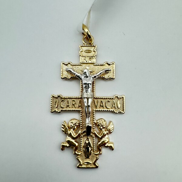 14k Yellow Gold Caravaca Crucifix Cross Charm Pendant With Angels - 1.1 Grams