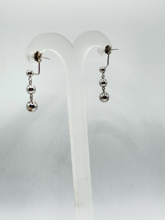 14K Solid White Gold Triple Sphere Dangle Earring… - image 3