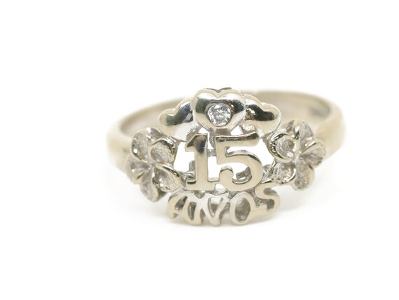 Vintage 14K White Gold Fashion Plumeria "15" Ring… - image 1