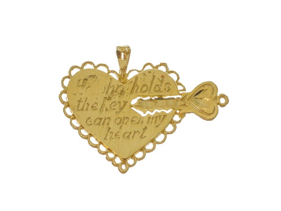 14k Solid Gold Heart Key Pendant - Engraved Love Quote