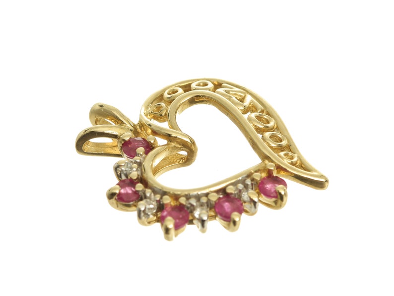 P1222 Vintage Heart-Shaped Pendant with Pattern Design /& Genuine Gemstones 14k Solid Yellow Gold