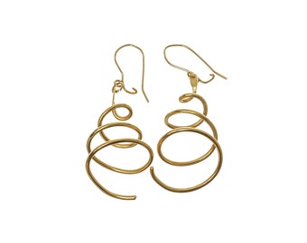 Spiral Drop Dangle Earrings - 14k Solid Yellow Gold - Long Coil Open Hoop - GO99