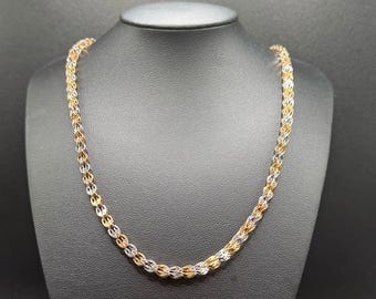 Tricolor Chain Necklace, 14k Gold, White and Rose Gold, Braided Style