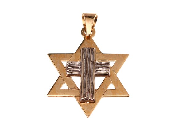 Two-Tone Religious Cross & Star Pendant - 14k Two-