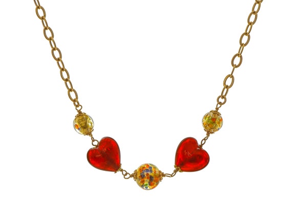 14k Solid Gold Link Chain Necklace: Heart & Ball … - image 1