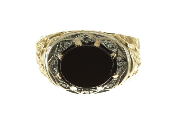 Vintage Black Onyx Ring – 14k Two-Tone Gold, Cubic Zirconia, Size 10