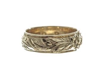 Classic Unisex Vintage Flower and Leaves Pattern Engraved Band Ring  - Sz 5 3/4 - 14k Solid Gold - R1304