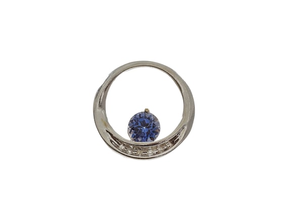 10k White Gold Circle Pendant: Blue Gemstone, 18.… - image 1