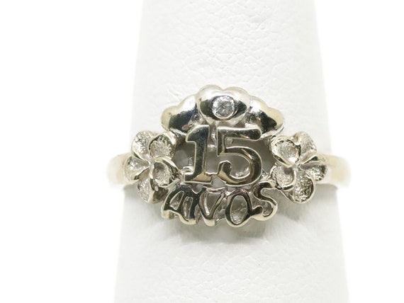 Vintage 14K White Gold Fashion Plumeria "15" Ring… - image 4