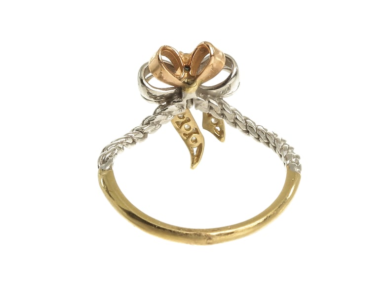14k Solid Three-Tone Gold R1512 Vintage Feminine Tri Colors Bow With Rope Design Band And Multiple White Round Cut Gemtsones Ring Sz 7